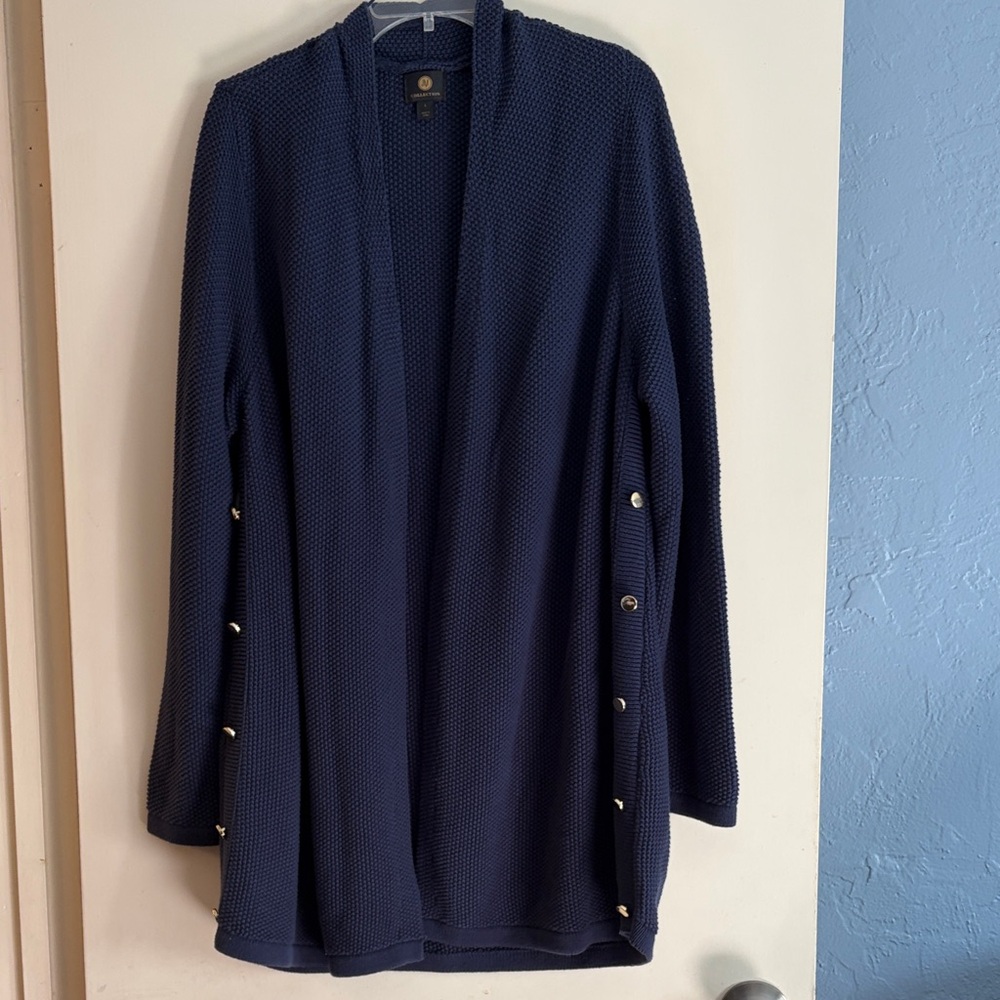 JM Collection Classic Navy Blue Women's Open Front Cardigan with side buttons, L